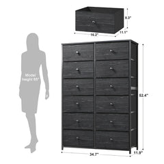 Dresser for Bedroom with 12 Drawers, Tall Dressers & Chests of Drawers Bedroom, Fabric Bedroom Dresser with Wood Top,Living Room,Hallway,Closet,Black-Furniture > Dresser-snhomee