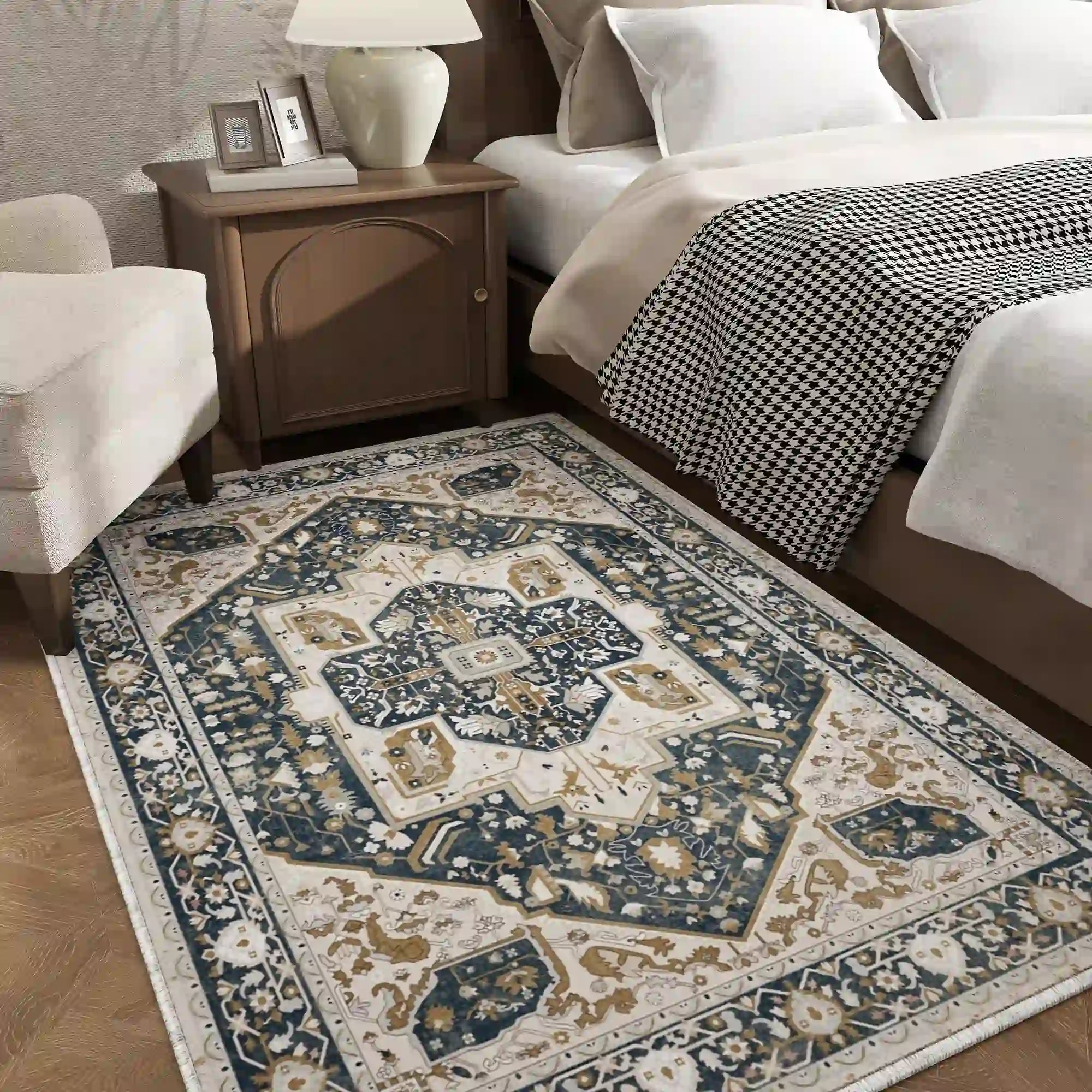 Boho Area Rugs,machine washable area rugs，area rugs for living room, Low Pile Vintage Carpet-3×5: 60"W x 36"D-Blue and Brown-snhomee