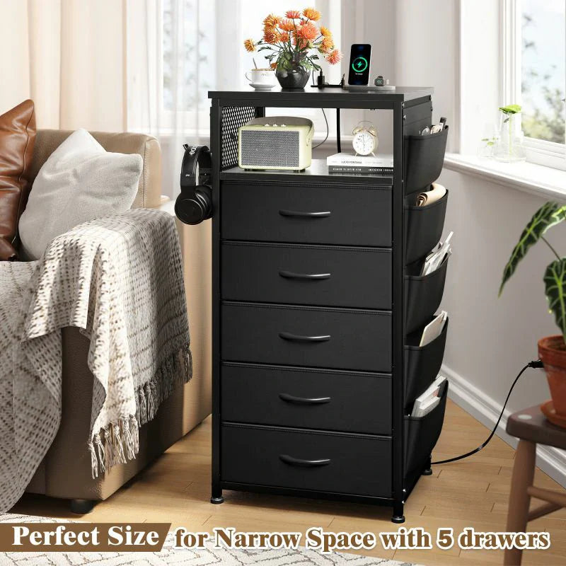 Tall Nightstand with USB Charging Station & Built-in LED Light - Modern Bedside Table with Wireless Charger, Bedroom Furniture for Small Spaces, No Tools Assembly-Furniture > Nightstand-Black-snhomee