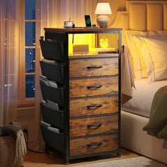 Tall Nightstand with USB Charging Station & Built-in LED Light - Modern Bedside Table with Wireless Charger, Bedroom Furniture for Small Spaces, No Tools Assembly-Furniture > Nightstand-Brown-snhomee